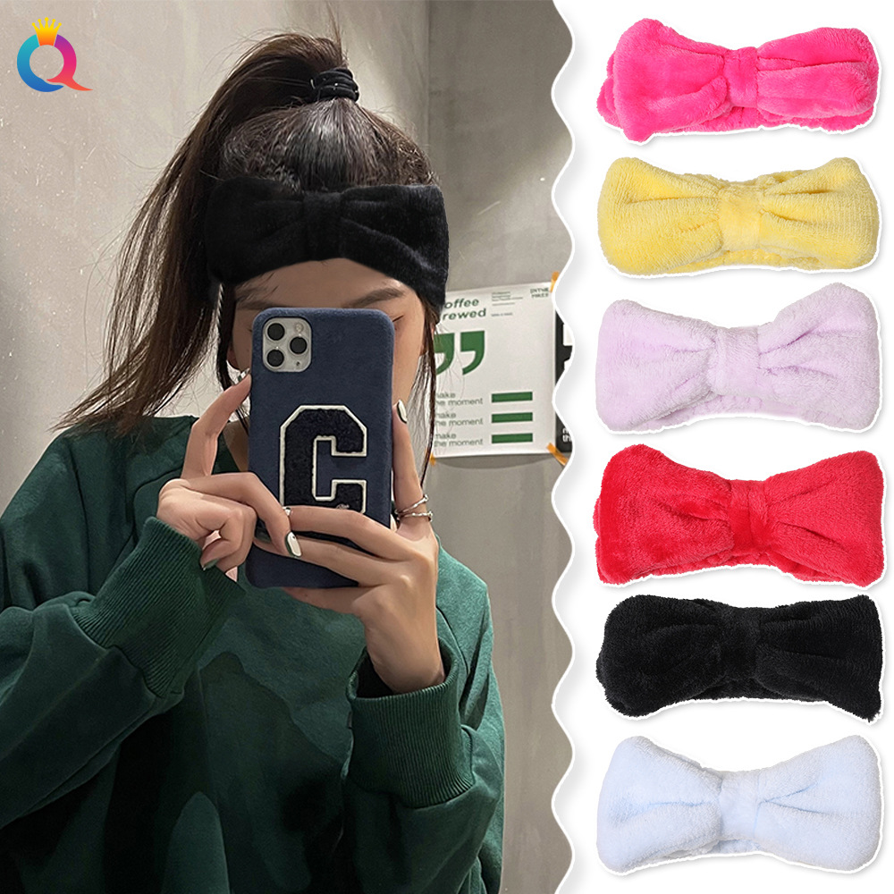 Qiyue Cross-border Coral fleece hair Band, simple bow face wash hair band, solid color headband, hair band, hair accessory wholesale details Picture