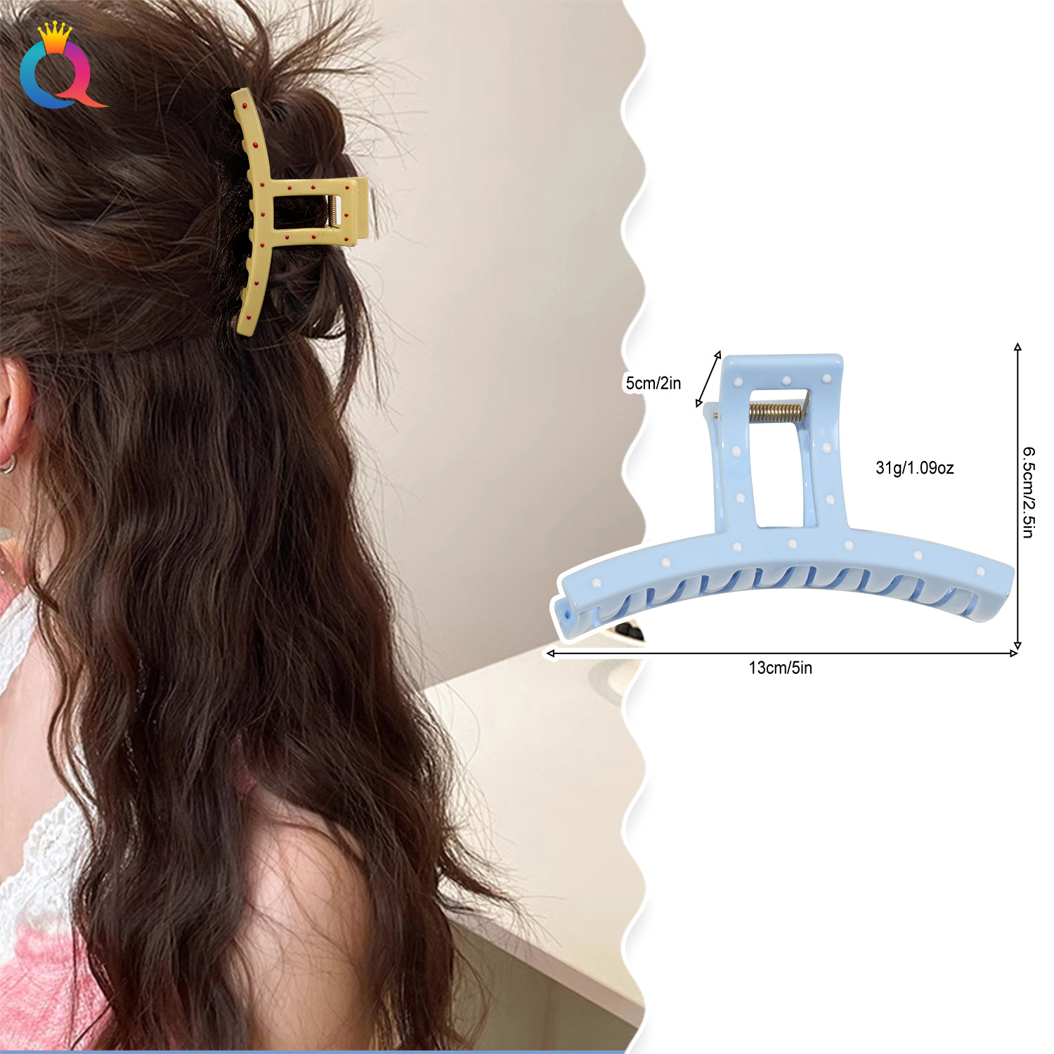 Qiyue cream-colored oil drip, small dot, large one-line hair clip, high-end style, scratch-off, women's back head updo, shark clip details Picture