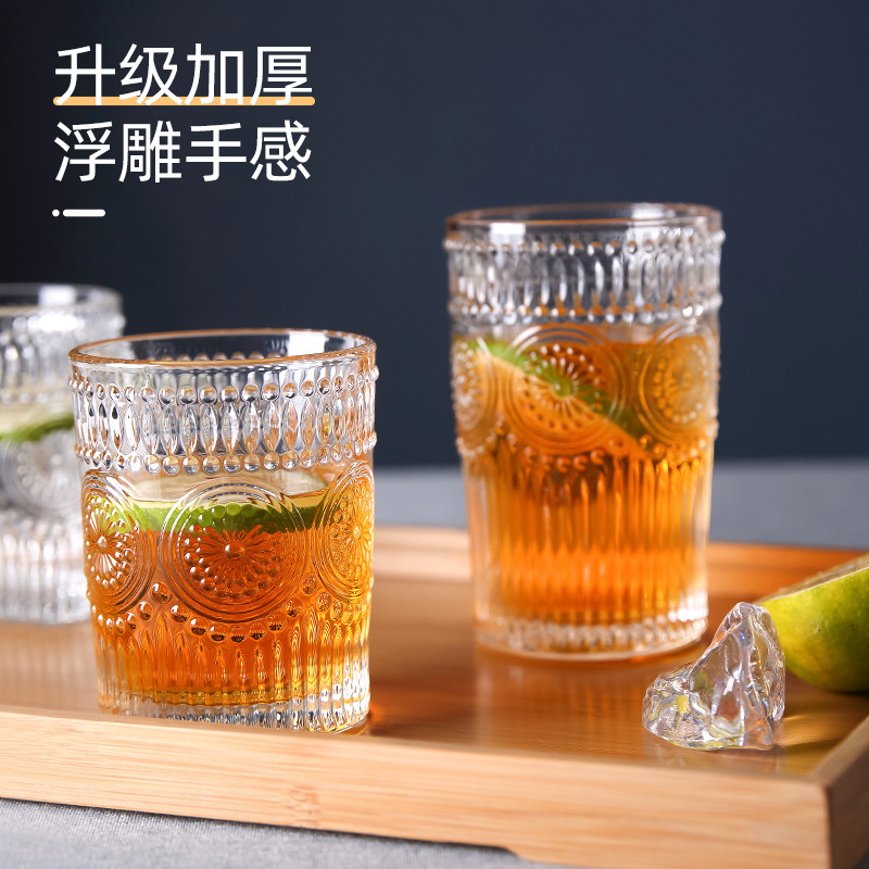 DELISOGA vintage glass cups, Roman embossed water cups, beer mugs, Baroque series drink cups, juice cups details Picture