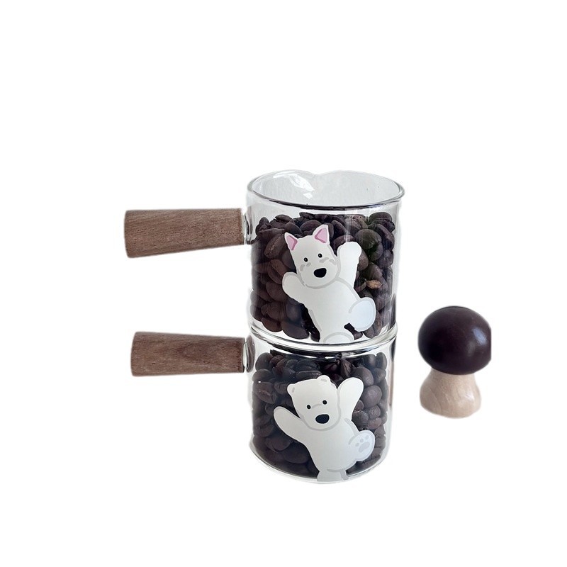 High borosilicate glass coffee measuring cup, small milk cup, household ounce cup with scale, mini coffee cup, wooden handle milk can Item Picture