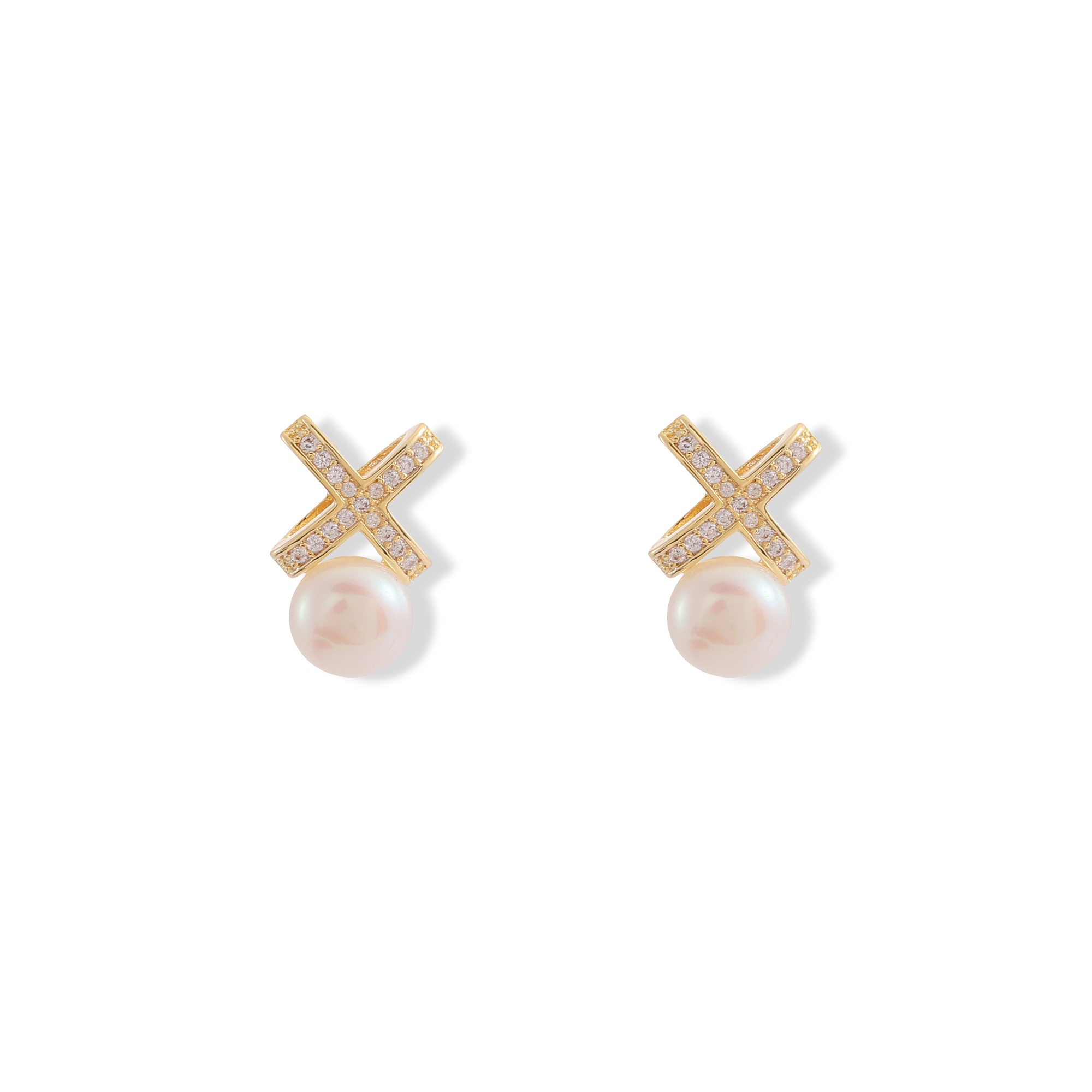 Xuhui brand exquisite and light luxury copper plated with real gold, zirconia 925 silver needle crossed freshwater pearl stud earrings, fashionable and elegant Specification drawing