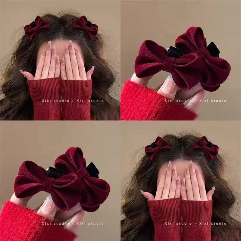Princess Hepburn's New Year's red velvet bow hairpin, French retro and high-end style bangs hairpin, headwear scratch-off full figure