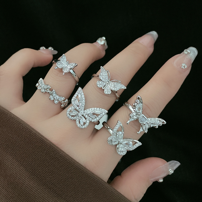 Simple butterfly full diamond, light luxury and high-end open ring, women's Instagram cold style, versatile and niche design index finger ring full figure