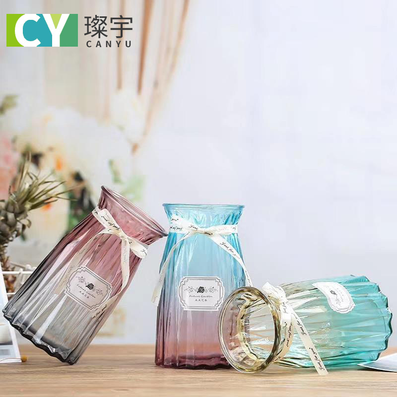 Simple and modern transparent colored glass vase, creative living room decoration, lucky bamboo hydroponic flower arrangement and dried flower vase details Picture