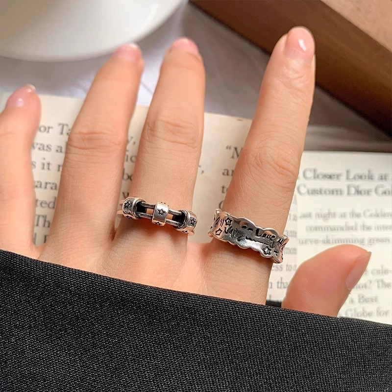 This retro, aged, graffiti, unique and niche open-top ring is designed by a female fashion influencer with a cold and simple style details Picture
