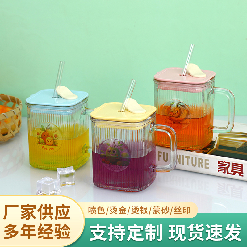 Wholesale of InS-style square glass cups with handles, household water cups with straws, milk cups, coffee cups, and transparent cups full figure