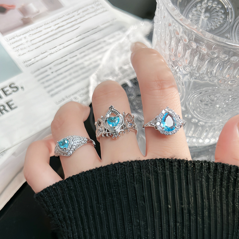 ins cold style, niche and light luxury, sea blue heart water drop zircon open ring, elegant and sweet cool ring for women full figure