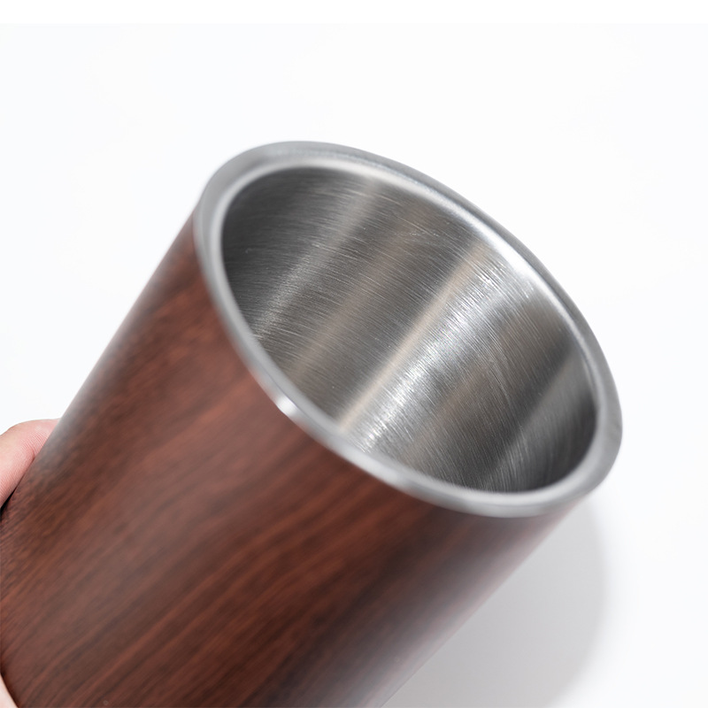Stainless steel double-layer wood grain ice bucket, 304 straight ice bucket, metal insulated ice granule bucket, champagne and beer chilled bucket Item Picture