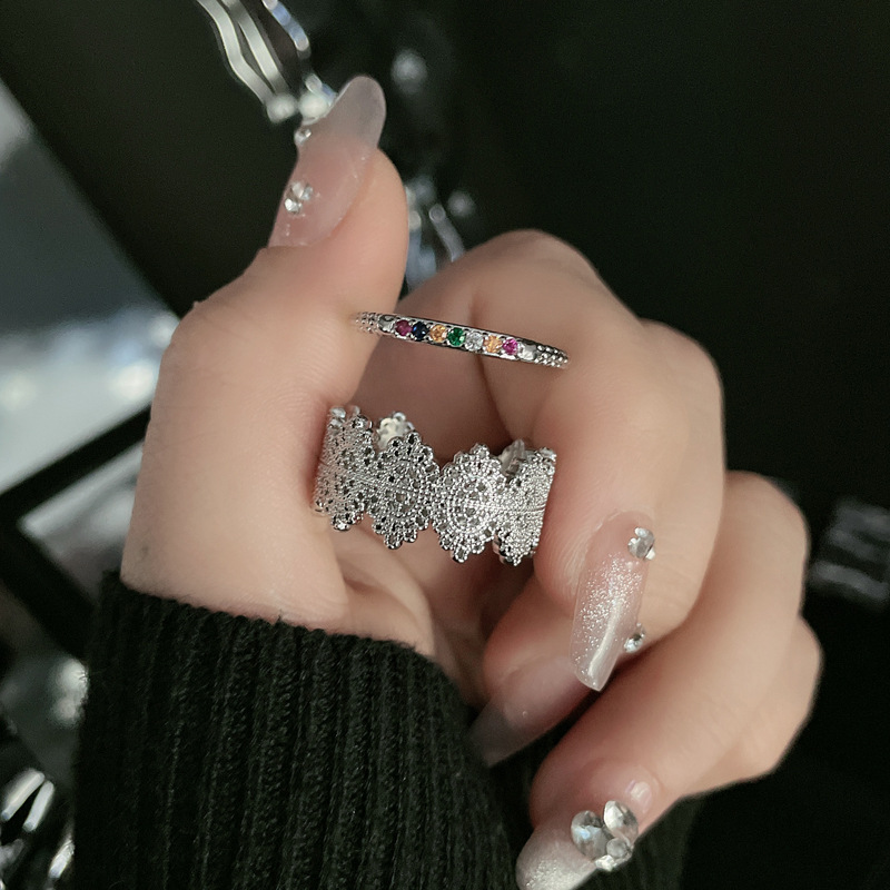 Lace cutout, niche design, simple open ring, adjustable, fashionable and versatile, colorful diamond spice girl ring, trendy accessory details Picture