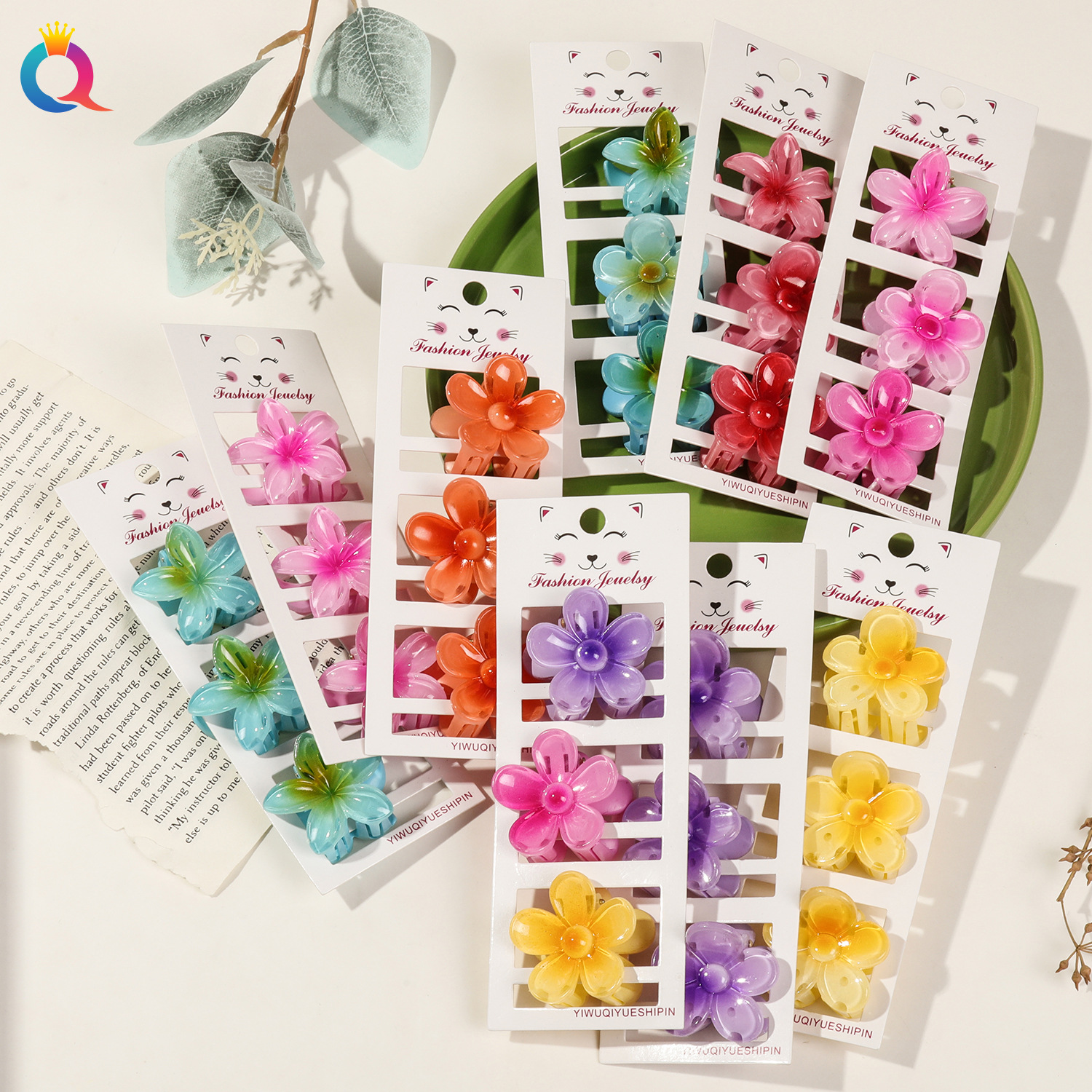 Qiyue Cute Small frangipani hair Clip Set, back head updo Shark Clip, children's gradient color hair clip wholesale full figure