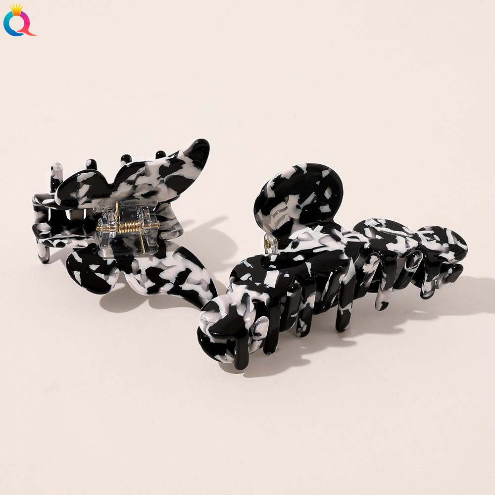 Wholesale of Qiyue Cross-border Korean acetic acid hair clips, hairpins, retro butterfly black and white ponytail hair clips, hairpins and hair accessories Specification drawing