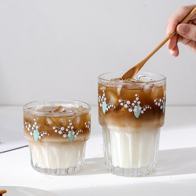 Lily of the valley flower cup, Korean InS-style iced coffee cup, glass cup, fresh and girlish Coco milk tea cup, can be stacked full figure