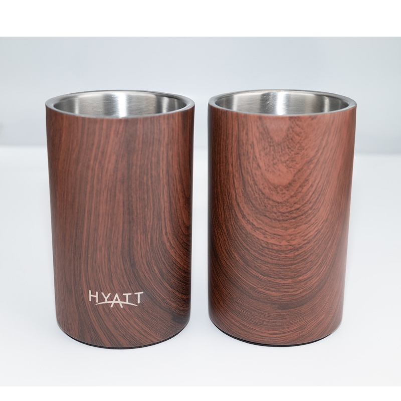 Stainless steel double-layer wood grain ice bucket, 304 straight ice bucket, metal insulated ice granule bucket, champagne and beer chilled bucket full figure
