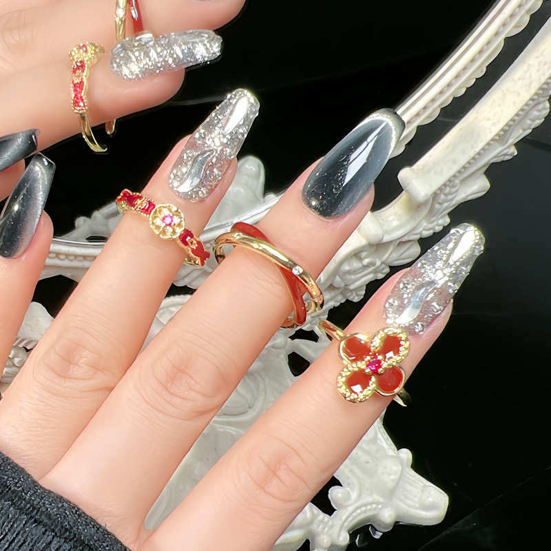A new type of sweet flower drip glaze ring from Europe and America, a red Ankela women's index ring with a fashionable and high-end look Specification drawing
