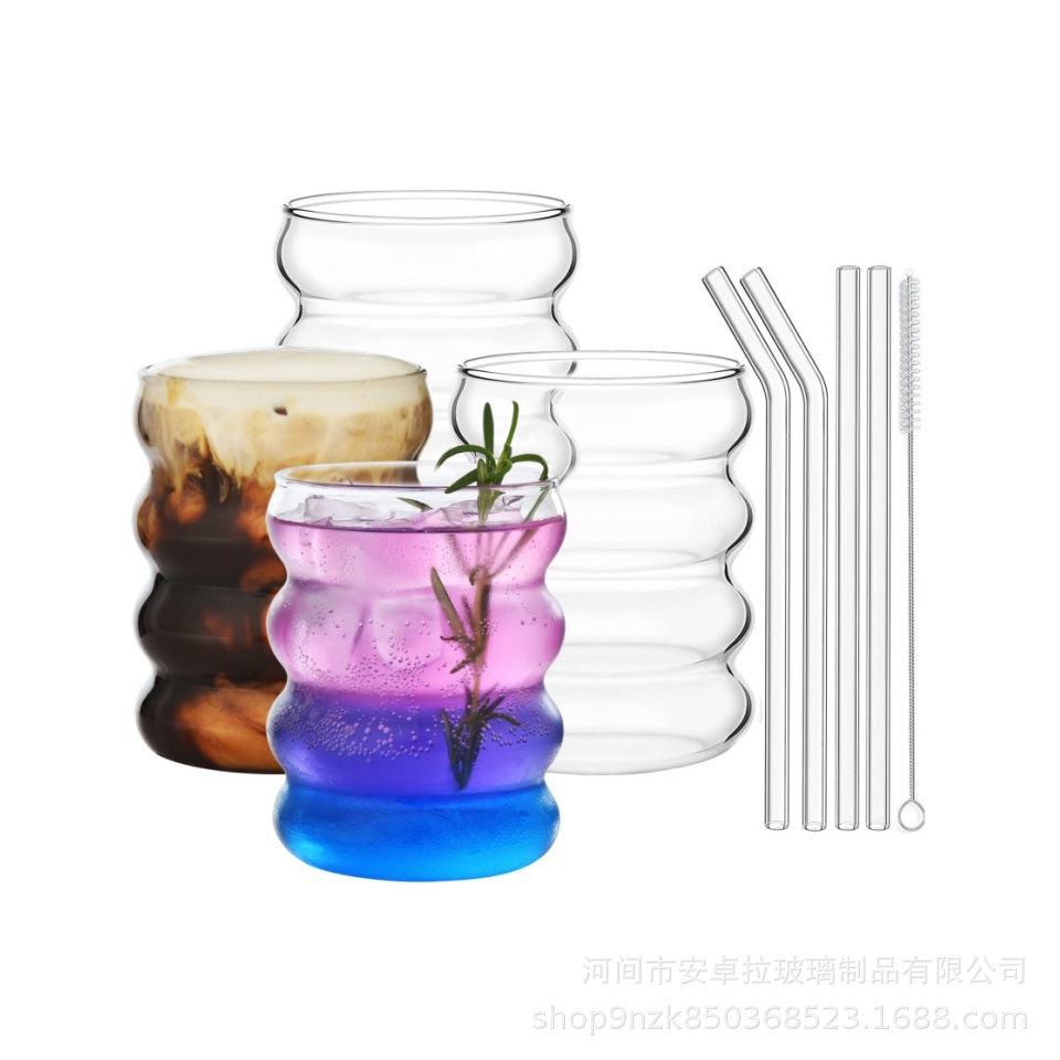 Customized corrugated straw glass cup set, home high-temperature resistant milk beverage coffee cup, caterpillar cup Item Picture