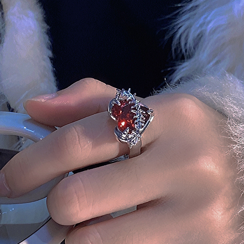 ins Cold style red heart-shaped zircon thorny open ring for women's niche design, high-end and personalized food ring Specification drawing