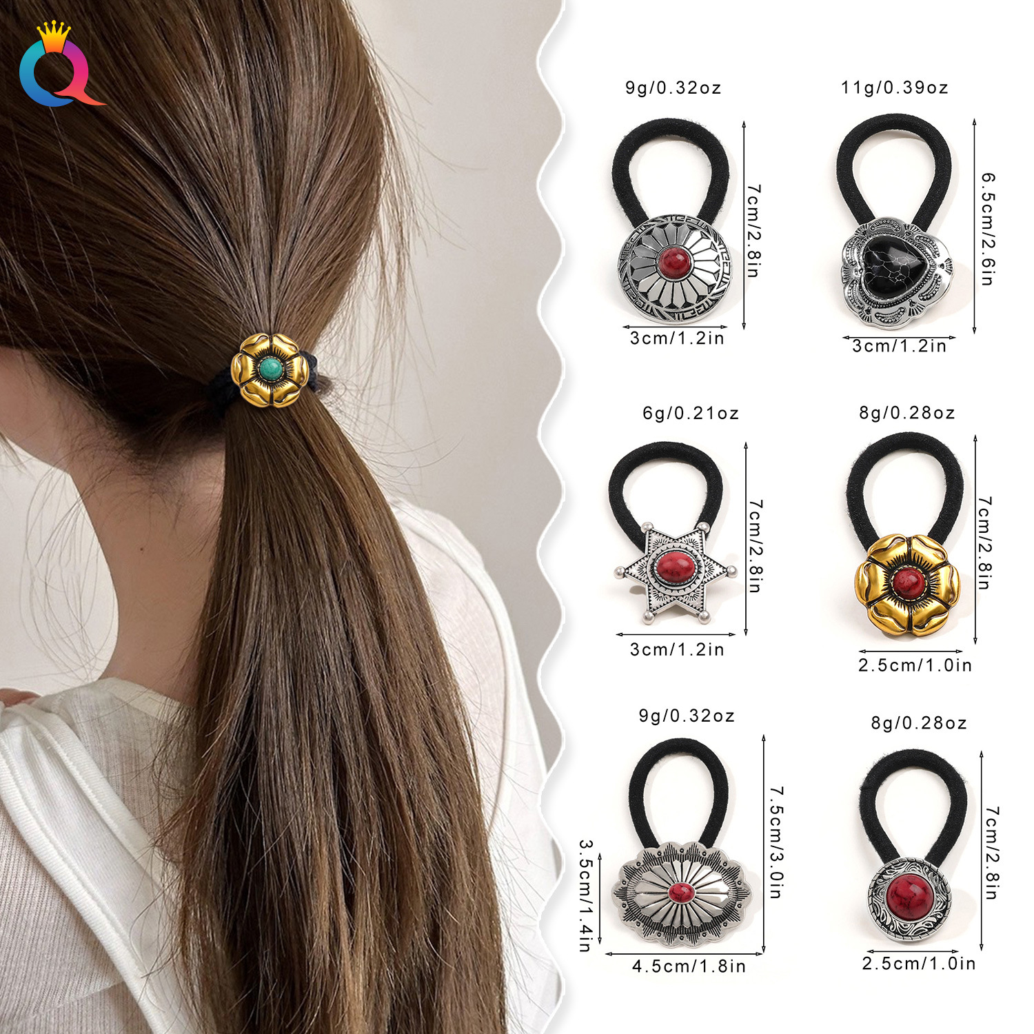 Qiyue Amazon button hair Tie, rubber band hair tie, high-elasticity French retro hair tie, hair band and hair accessory wholesale details Picture