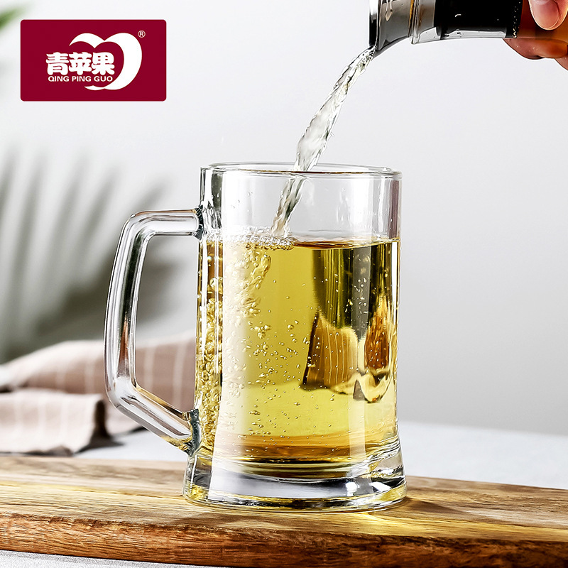 Green Apple glass handle cups, large-capacity draft beer cups, household heat-resistant glass tea cups, Hite cups, wholesale beer handle cups details Picture