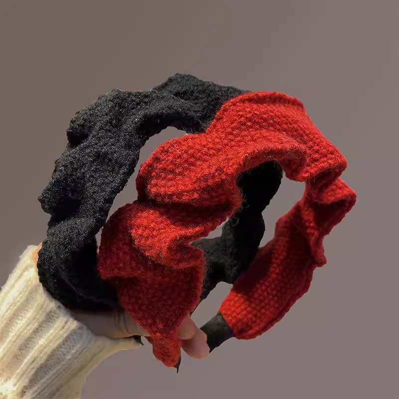 Ankela Red knitted pleated New Year Red hairband Spring/Summer New Style High-end woolen headband Women's retro hairpin Specification drawing