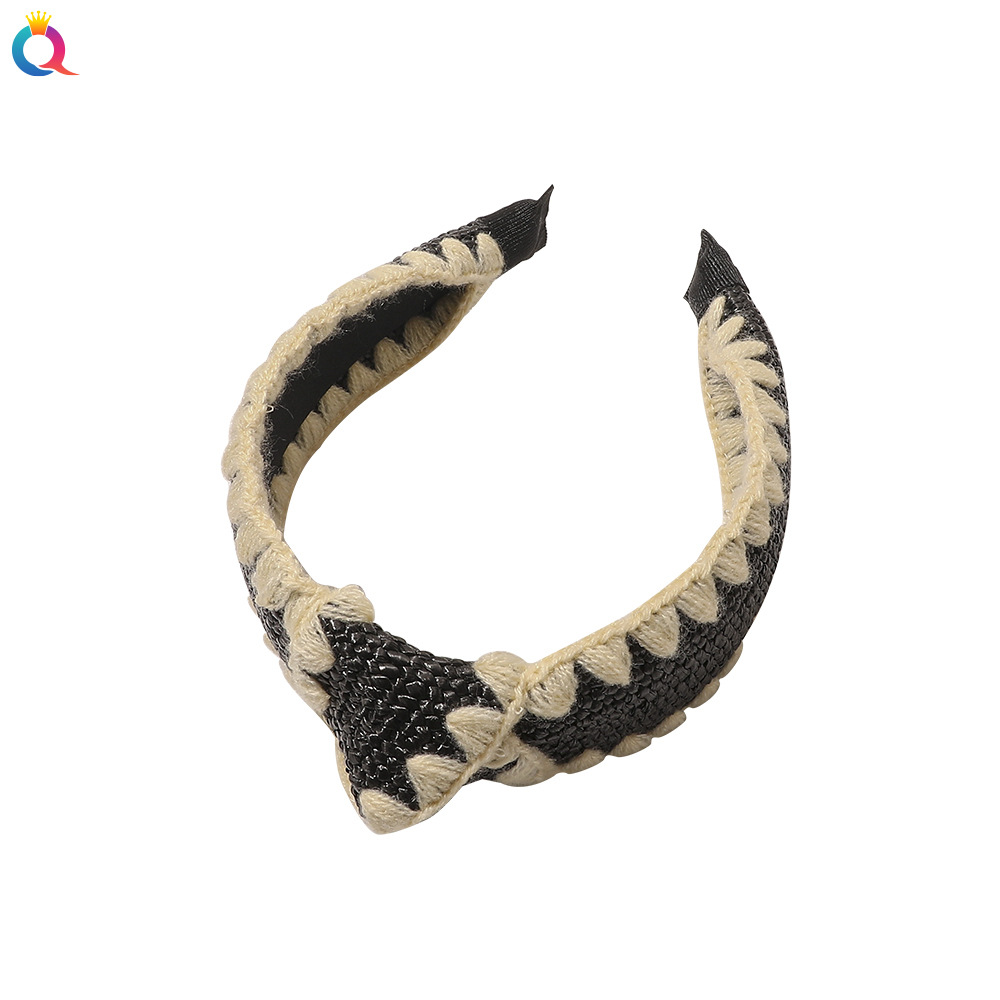 Qiyue Cross-border European and American wide edge woolen edge raffia hair band, simple cross-knotted headband, straw braided hair clip and hair accessory Item Picture
