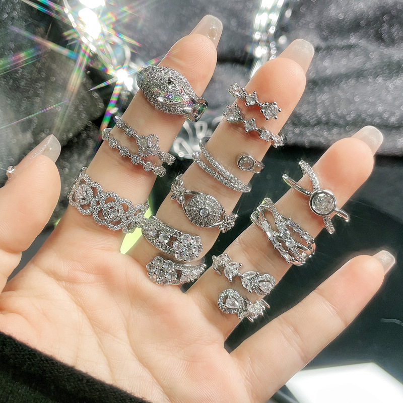 The new women's high-end, light luxury, full-diamond zircon open-top ring is fashionable and versatile, with a cold style as an autumn and winter accessory Specification drawing