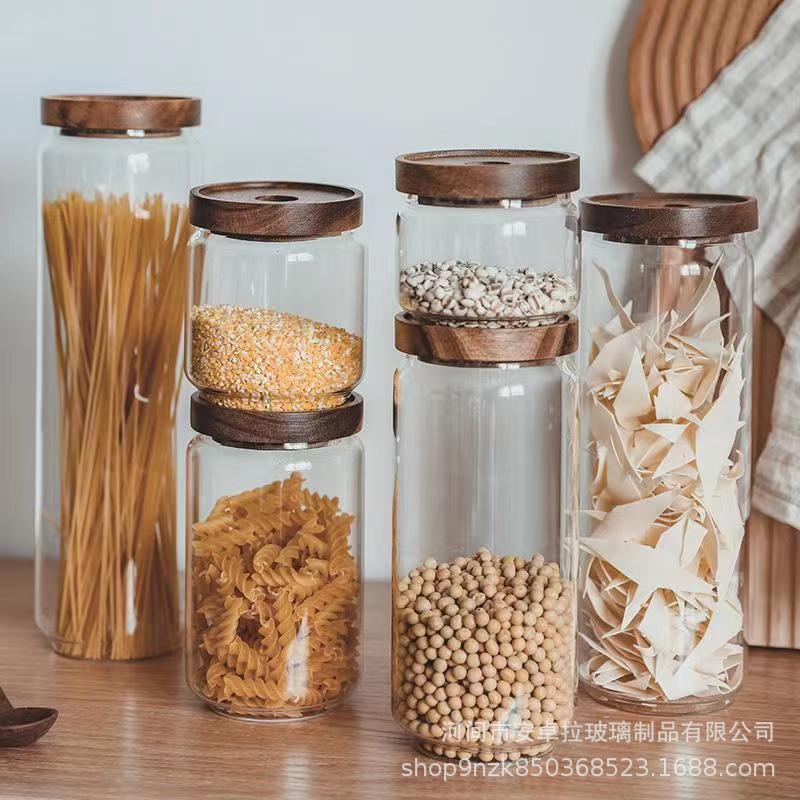 Customized acacia wood lid glass sealed jar, coffee bean storage jar, kitchen grain and seasoning storage jar Specification drawing