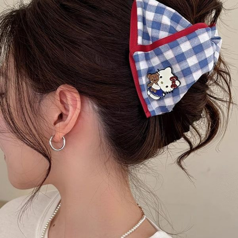 hellokitty hairpin red and blue checkered scratch-off clip for women, cute cartoon kt cat hairpin shark clip full figure