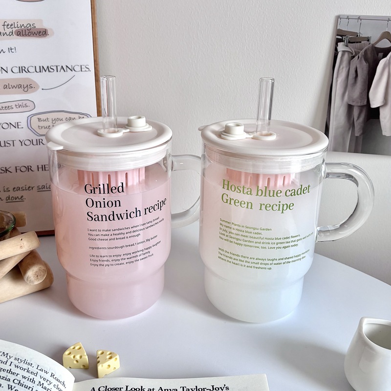 High appearance level straw glass water cup with lid, household with straw letter straw cup, high borosilicate heat-resistant cup for students Application Scenario