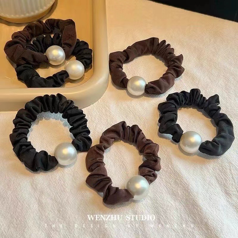 Pearl large intestine hair band, simple and elegant hair tie, women's high school elastic and durable rubber band, women's bun hair tie, head accessory details Picture