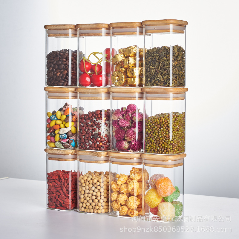 Multi-functional glass storage tank, bamboo and wood lid sealed tank, kitchen grain and tea storage tank, square transparent snack tank details Picture