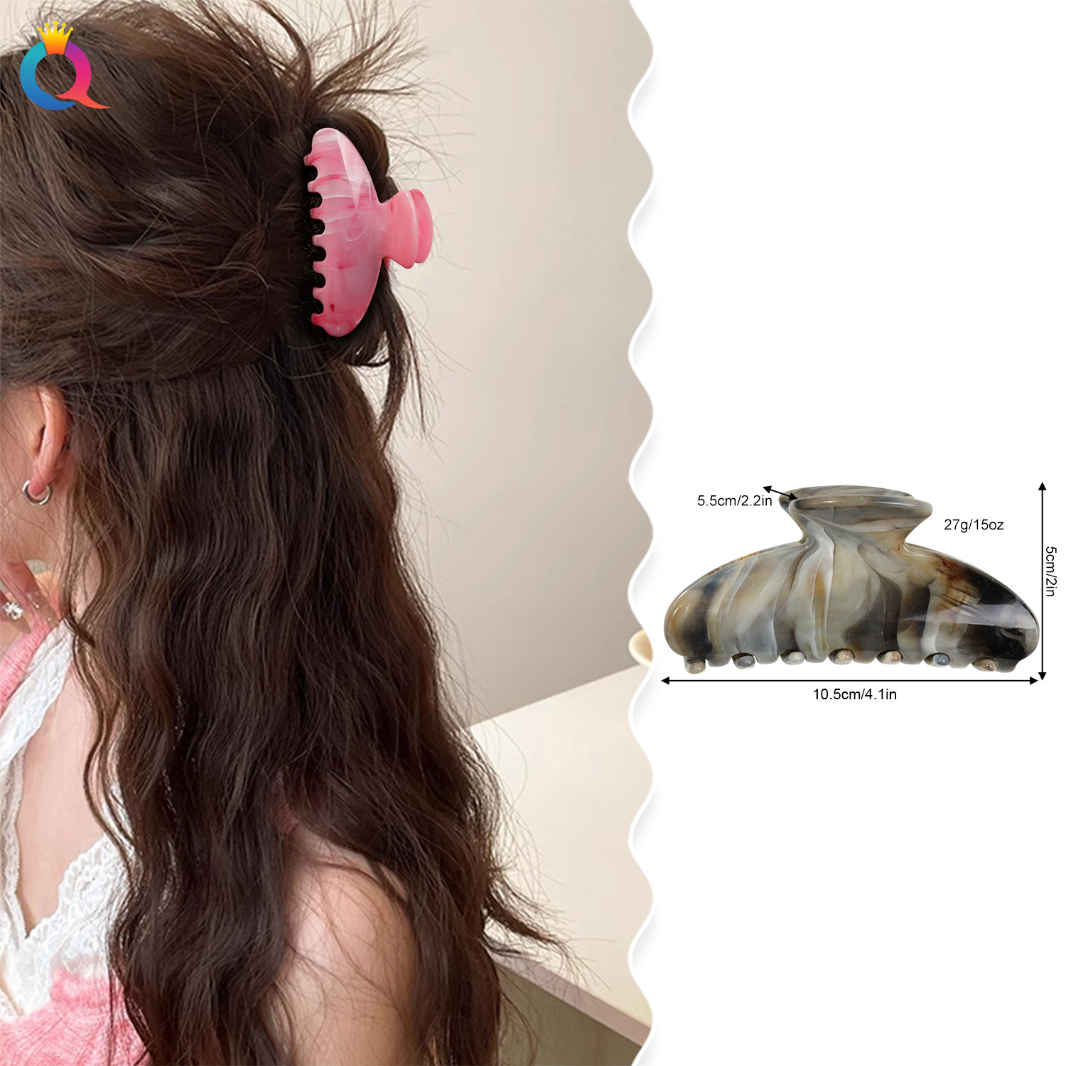 Wholesale of Qiyue Cross-border large gold coin square head marble-patterned grabbers, simple ponytail updo hair clips, and women's shark clips details Picture