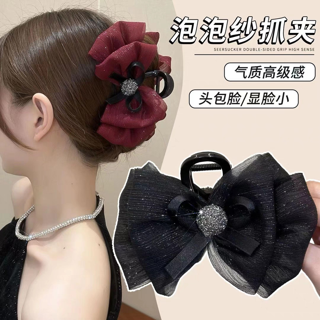 Red bow hairpin New Year hair accessory with a high-end atmosphere, ins cloud sparkling diamond black butterfly grab hairpin details Picture