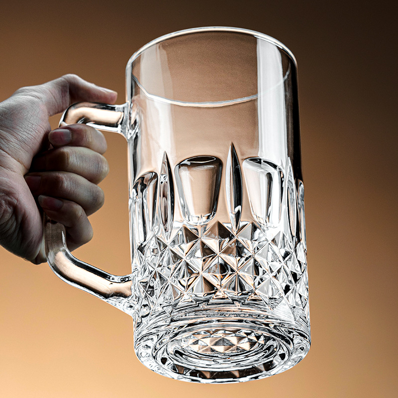 Thickened handle beer mug, high-end glass drinking cup, commercial 0.5L draft beer cup, household large-capacity handle cup Specification drawing