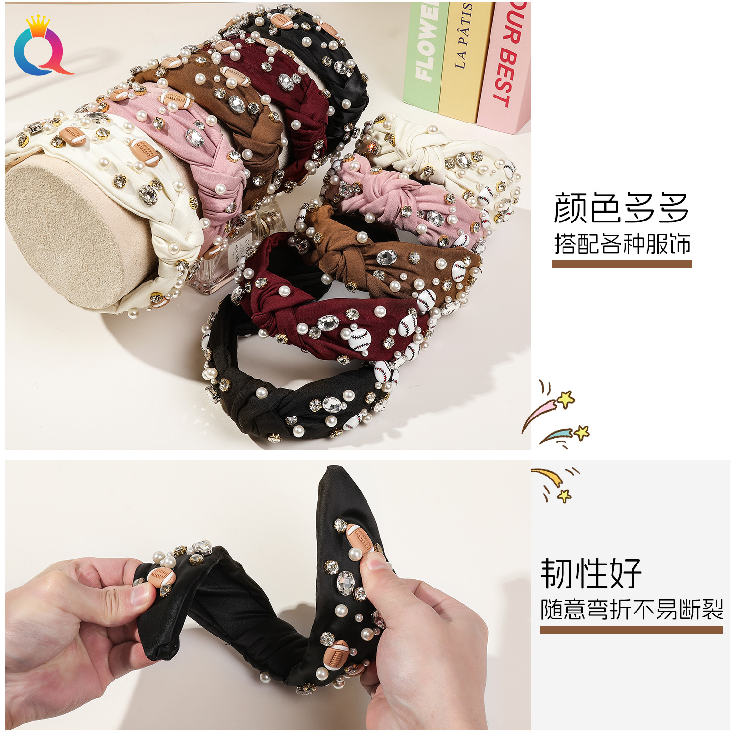 Wholesale of Qiyue Amazon Rugby diamond-encrusted and knotted headbands for women's light luxury pearl hair lifting and high head headbands Specification drawing