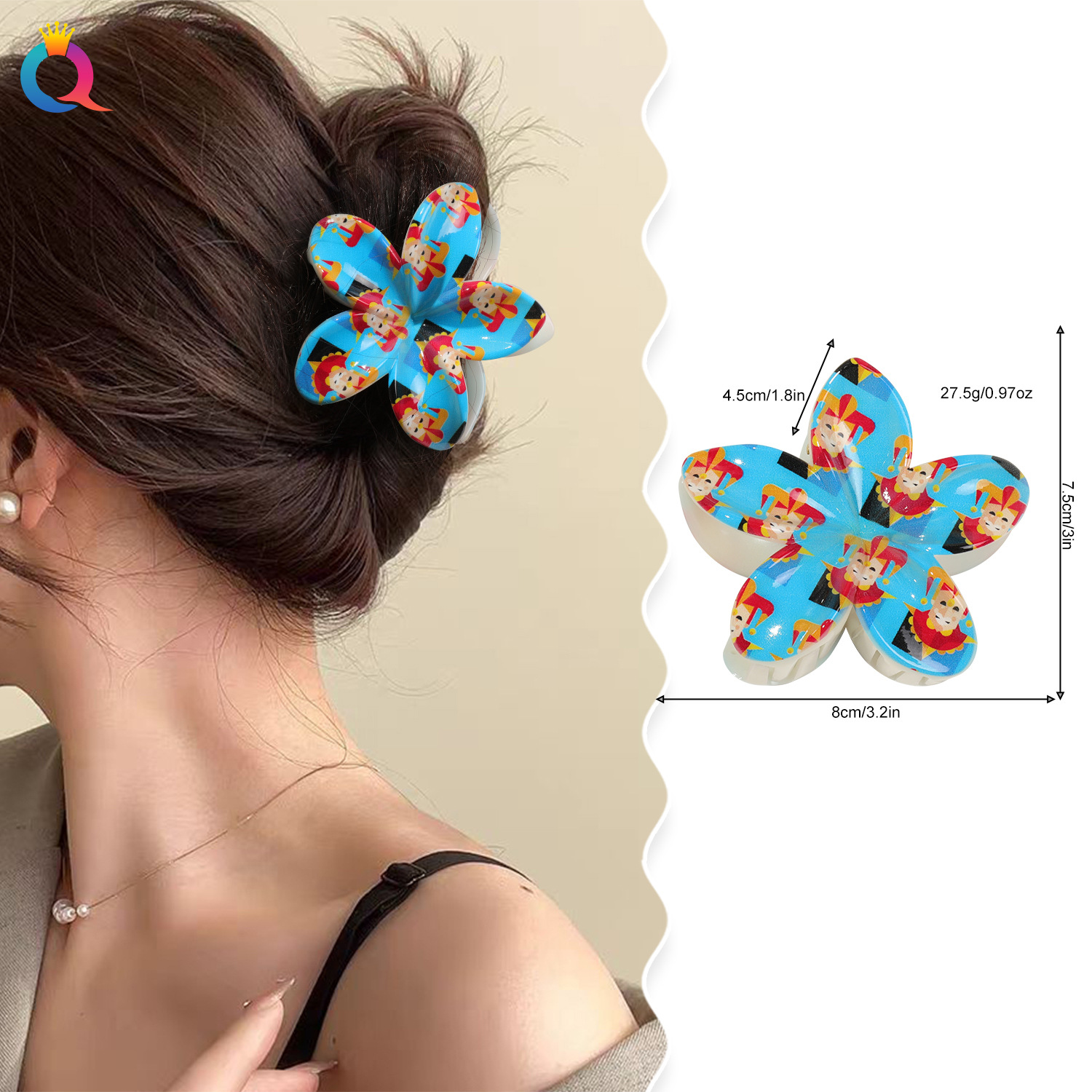 Qiyue Cross-border's new summer UV-printed scratch-off egg flower hair clip headwear is a high-end and elegant Korean-style hair accessory for women details Picture