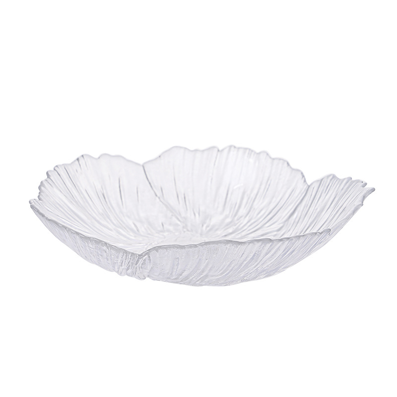 Petal-shaped glass fruit plate, living room coffee table, flower-shaped pearlescent crystal snack plate, Nordic simple, high appearance level candy plate Item Picture