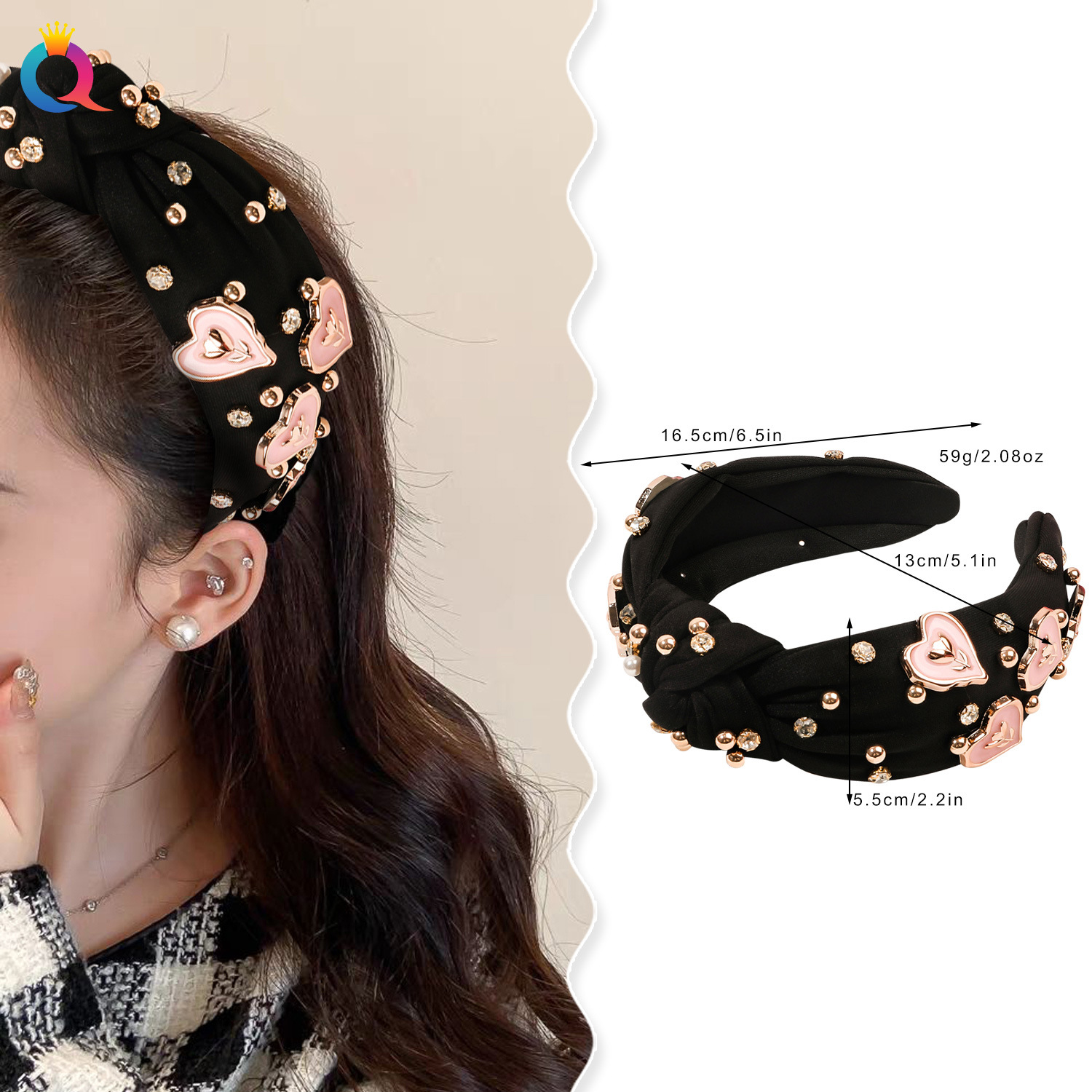 Qiyue Cross-border European and American fashion fabric diamond-encruted hair bands, high skull top pressure hair, face wash hair hole headbands, hair accessories wholesale details Picture