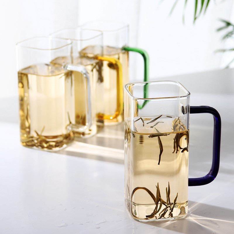 Square mouth colored glass single-layer cup, high borosilicate glass juice drink cup, high-temperature resistant glass green tea cup, glass cup details Picture