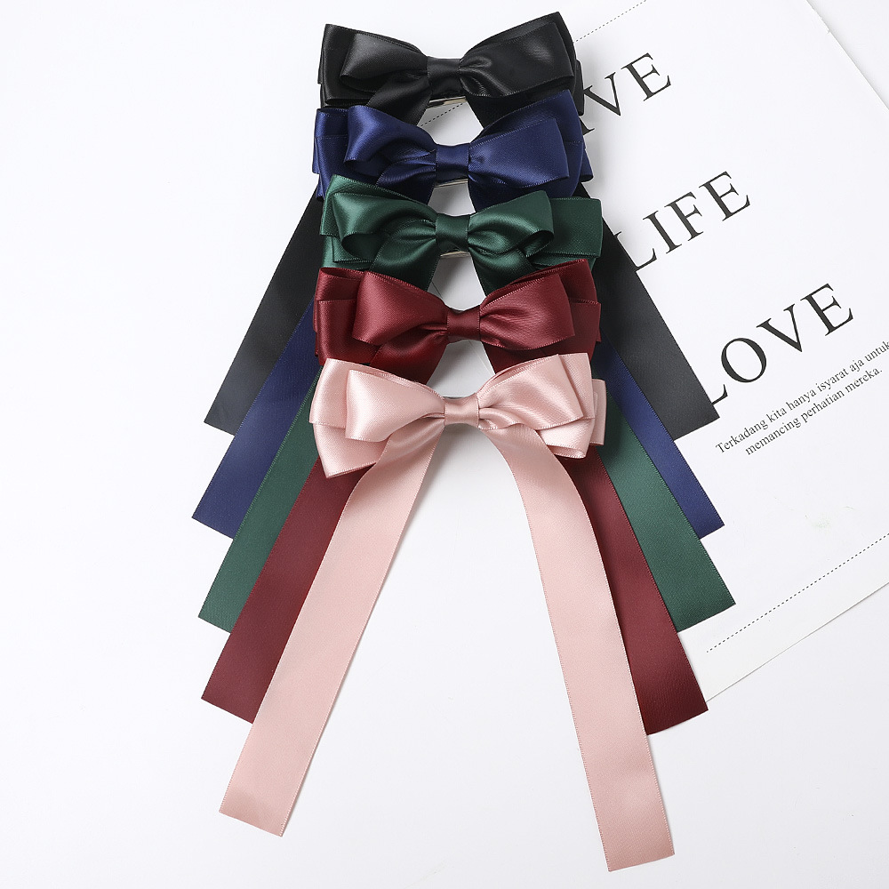 Qiyue European and American fabric color satin double-sided ribbon ribbon bow hair clip solid color long ribbon spring clip C197 full figure