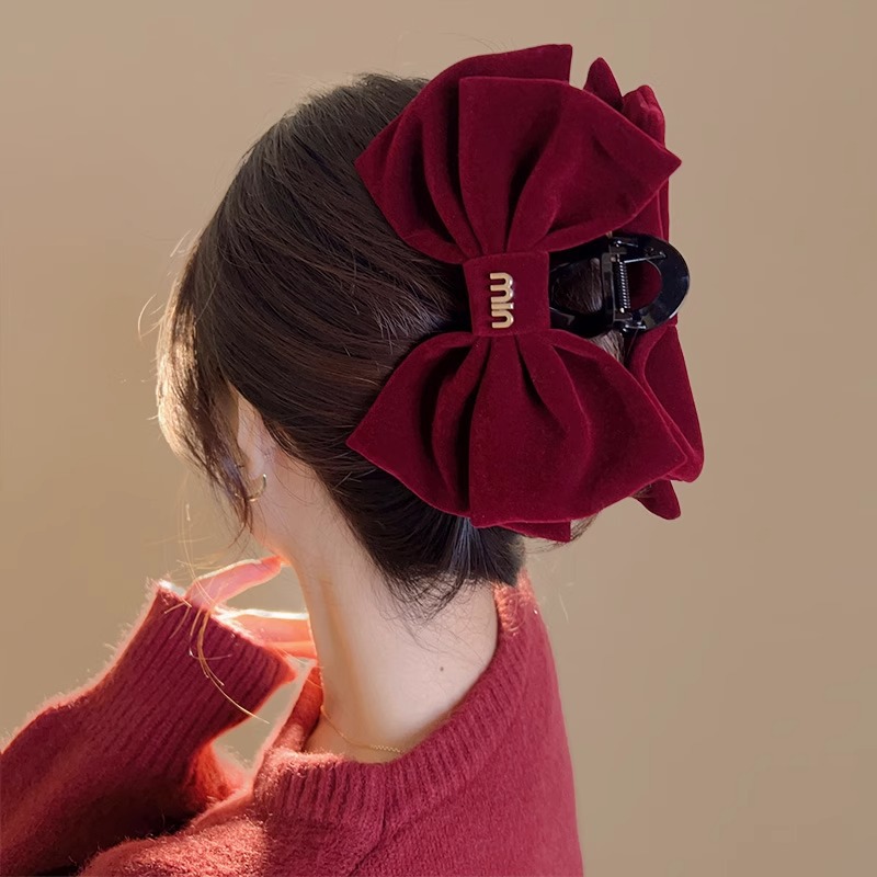 New Year red bow hairpin women's hair accessory, high-end double-sided velvet grabber, new New Year's hairpin shark clip details Picture