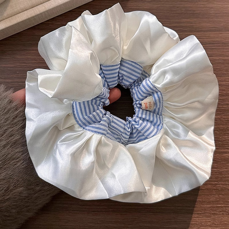 Ballet-style cream satin blue striped large intestine hair band, women's versatile hair tie, hair tie rubber band, super large headband details Picture