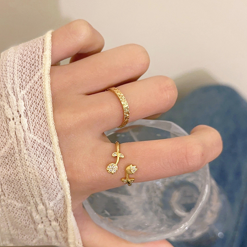 Rose zircon open ring, adjustable French elegance ring, ins high-end style index finger ring, trendy for women full figure