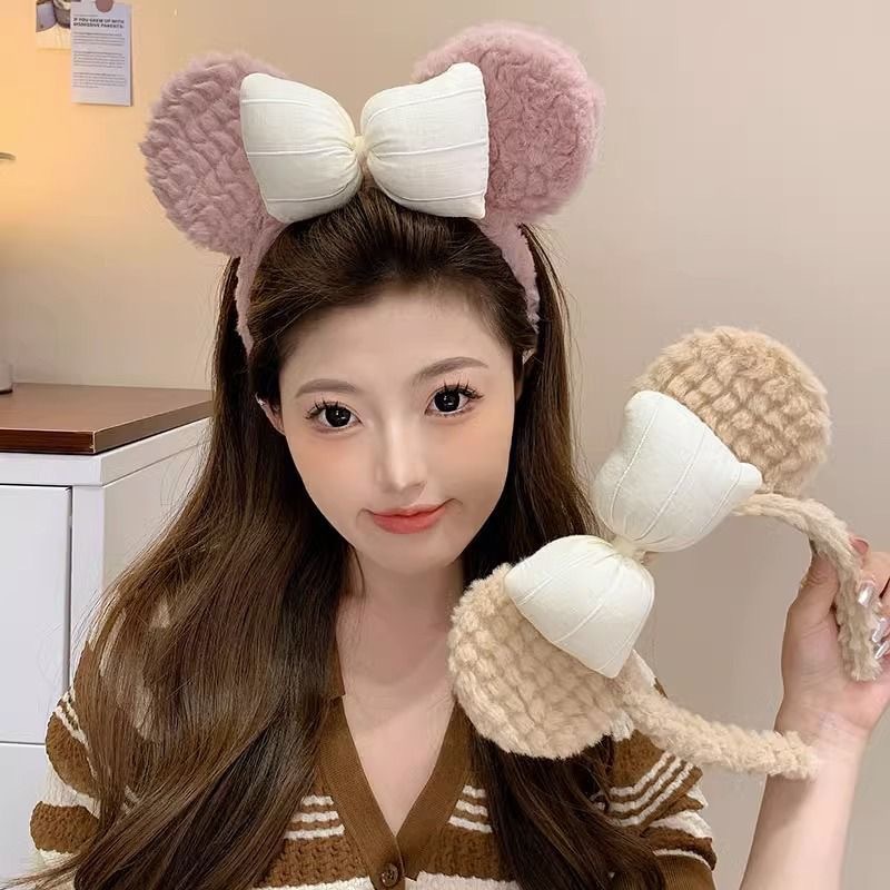 Autumn and winter bow plush bear ear hair band for washing face and home, Korean sweet and cute cartoon hair hole wholesale Specification drawing