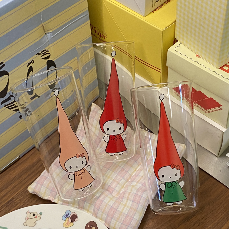 Creative cartoon hand-drawn kt cat high borosilicate glass cup, cute pointed hat, little cat water cup, juice cup, heat-resistant Specification drawing