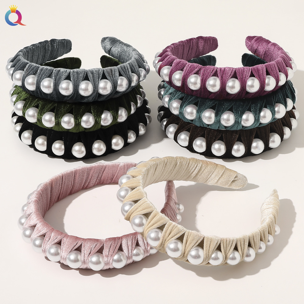Qiyue's new autumn and winter velvet headband, fashionable woven pearl headband, washbasin, hair buckle, and hair accessory for women full figure