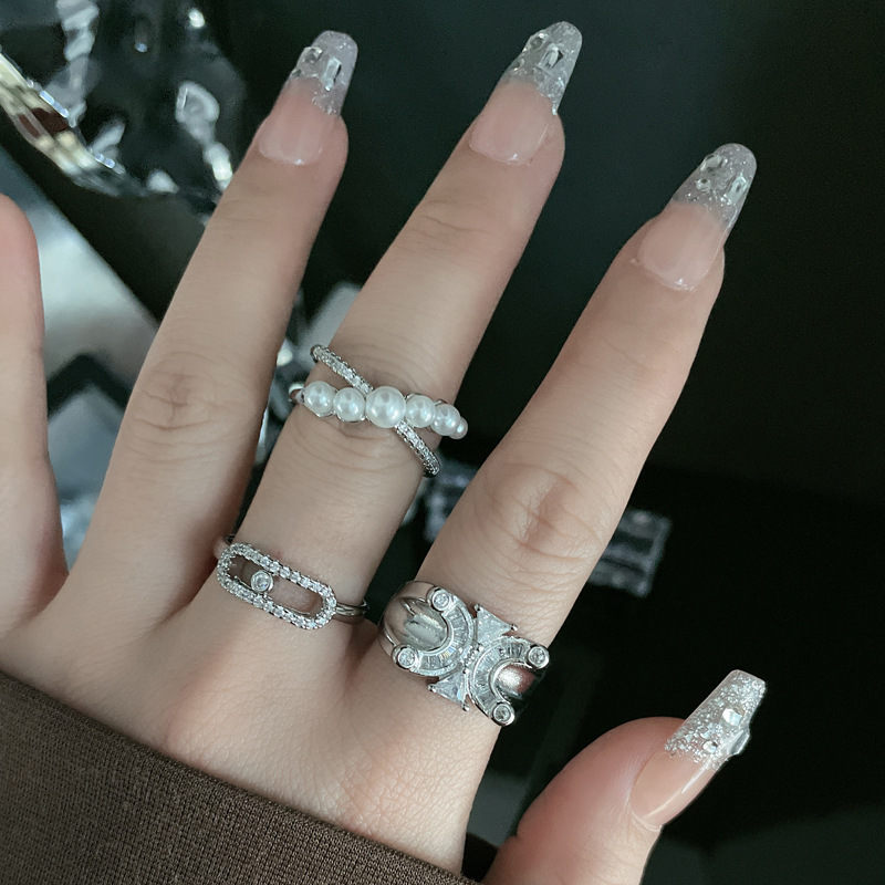 European and American ins letter diamond-encrusted high-end ring, niche design sense pin, exquisite pearl cross opening ring Application Scenario