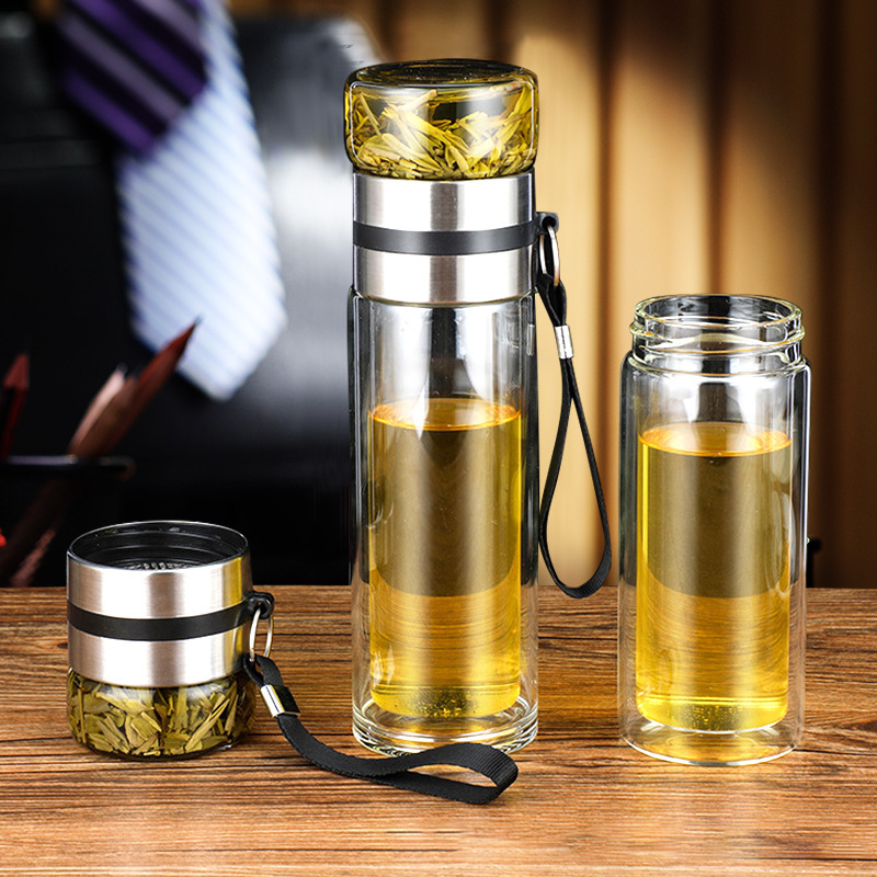 Tea-water separation brewing cup, heat-resistant thickened filtering glass tea cup, business cup, portable office insulated gift water cup full figure