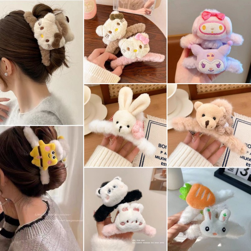 New autumn and winter plush hairpins for women, large cartoon shark clips, cute hairpins on the back of the head, and furry bear claw clips full figure