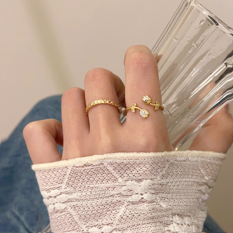 Rose zircon open ring, adjustable French elegance ring, ins high-end style index finger ring, trendy for women details Picture