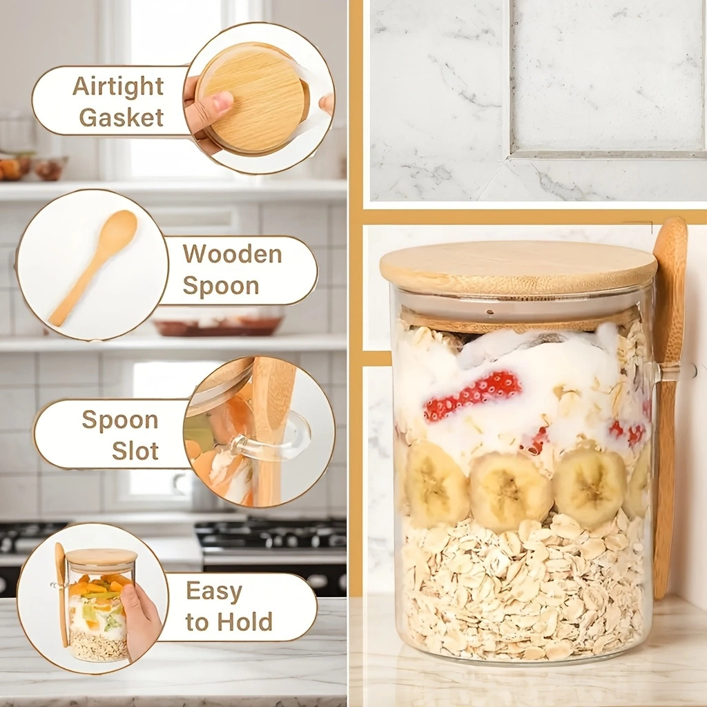 High borosilicate milk oat glass bottle with lid, spoon sealed jar, kitchen seasonings, coarse grains storage glass jar Specification drawing